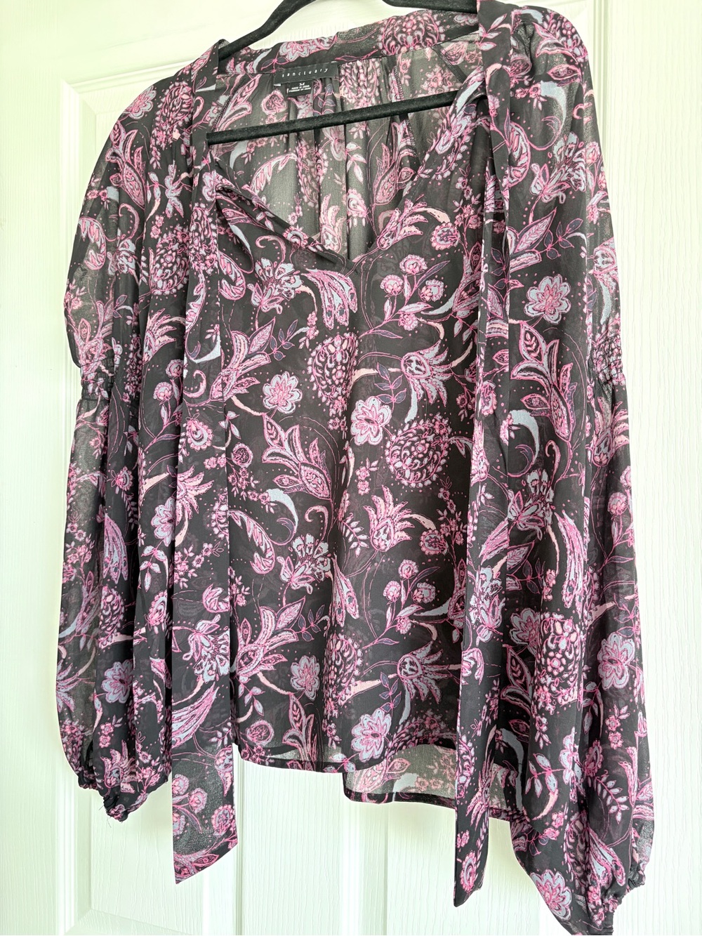 Sanctuary Black Sheer Blouse with Pink Floral Print and Tie Neck